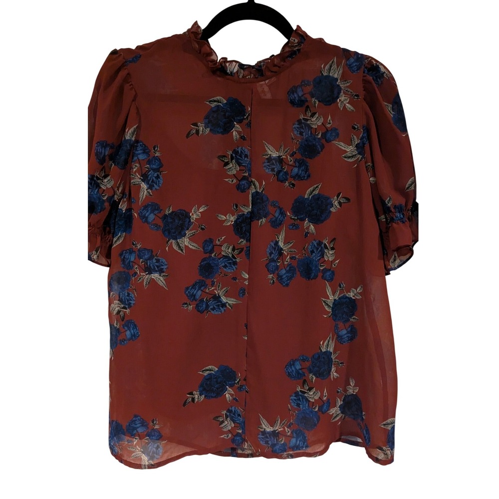 Kensie Womens Burgundy Blue Floral Ruffle Neck Chiffon Blouse Short Puff Sleeve